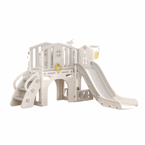 Speeltoestel Toren Luxe Huis grijs/wit met glijbaan en basketbalring voor binnen en buiten spelen