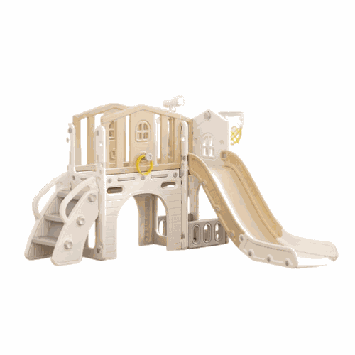 Beige/crème Speeltoestel Toren luxe huis met glijbaan en basketbalnet voor binnen en buiten in de tuin