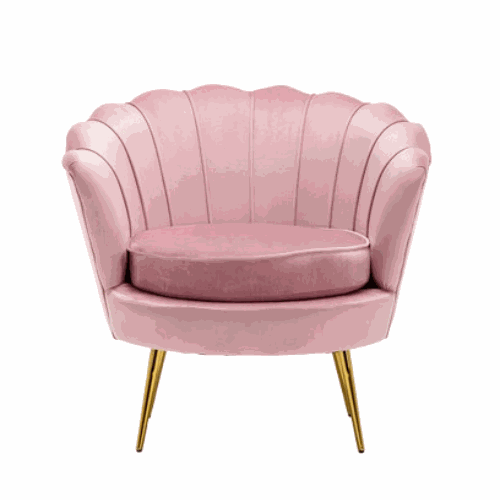 Roze velvet schelp stoel met gouden onderstel, comfortabele en stijlvolle fauteuil voor woonkamer of slaapkamer