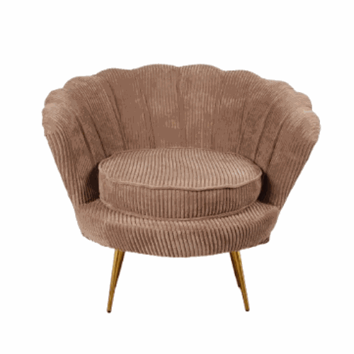 Rib Schelp Stoel bruin met ribstof en gouden onderstel in modern interieur
