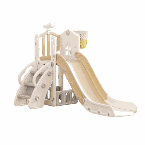 Beige crème Speeltoestel Toren 3 in 1 met glijbaan en basketbalring voor binnen en buitengebruik