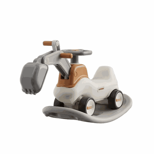 Beige en bruine Hobbelfiguur 2 in 1 Graafmachine hobbelwagen en loopwagen voor binnen en buiten, geschikt voor kinderen van 1-3 jaar.