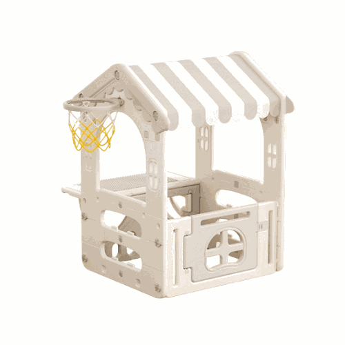 Speelhuis Modern grijs/wit met basketbalring en deurtje voor peuters en kleuters, geschikt voor binnen en buiten.
