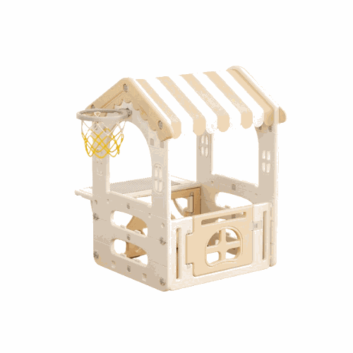 Beige speelhuisje voor kinderen met basketbalring, geschikt voor binnen en buiten gebruik, modern design