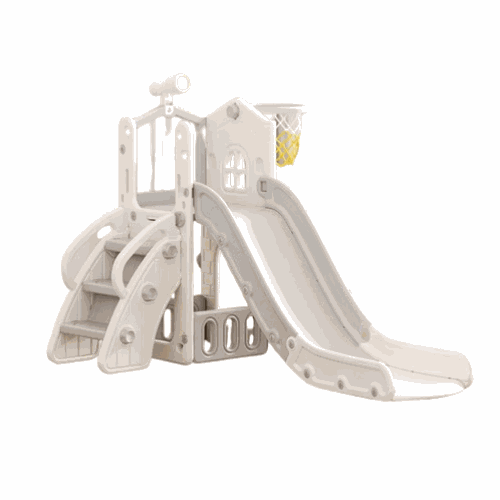 Speeltoestel Toren 3 in 1 grijs-wit met glijbaan en basketbalring voor binnen en buiten spelen