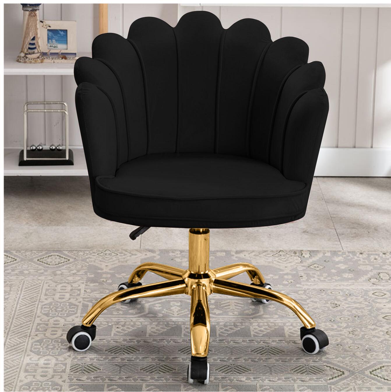 Zwarte Velvet Schelp Bureaustoel met goudkleurig onderstel en wieltjes, verstelbare zithoogte, 360° draaibaar