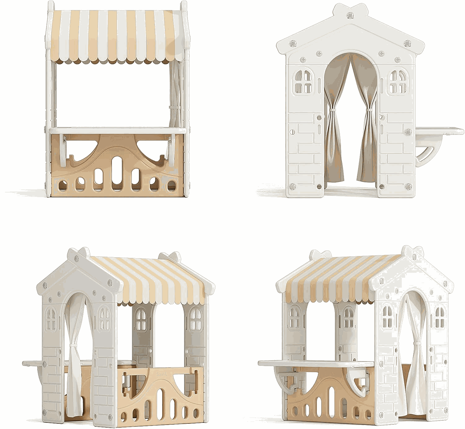 Speelhuis Modern Crème/Beige kunststof speelhuis voor peuters en kleuters met basketbalring en werkblad, geschikt voor binnen en buitengebruik.