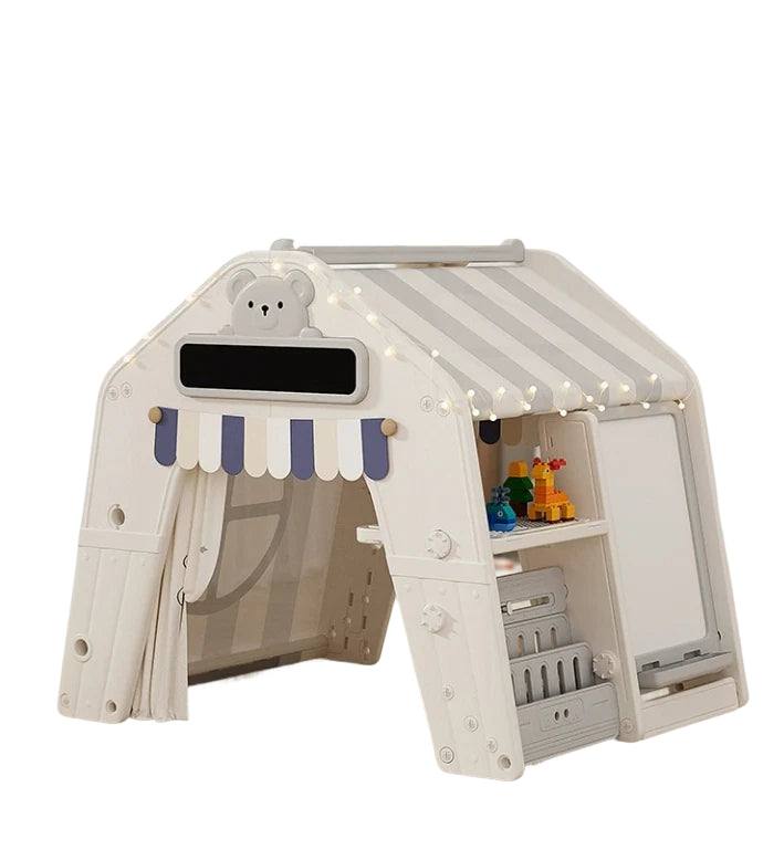 Kunststof speelhuis tent grijs met stoffen dak, werkblad, tekenbord en opbergvakken voor peuters en kleuters, geschikt voor binnen en buitengebruik