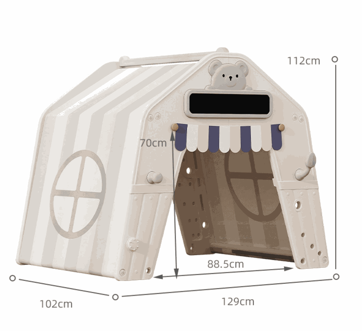 Grijs kunststof speelhuis tent voor peuters en kleuters met stoffen dak en accessoires, geschikt voor binnen en buiten.
