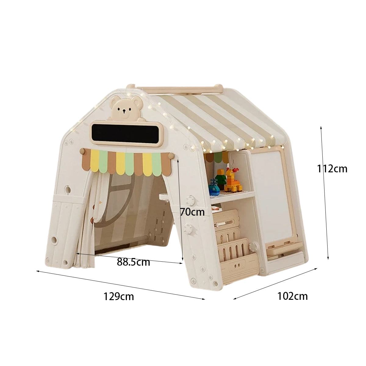 Beige kunststof speelhuis tent met stoffen dak, accessoires, en opbergvakken voor peuters en kleuters, 129x102x112 cm, geschikt voor binnen en buiten.