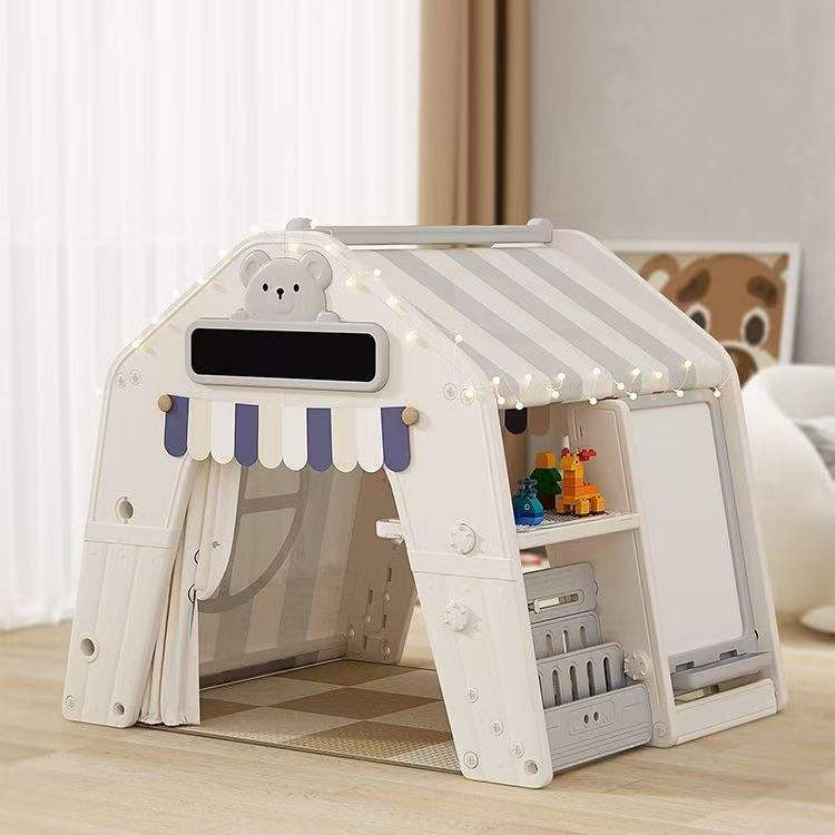 Grijs kunststof speelhuis tent voor peuters en kleuters met stoffen dak en accessoires voor binnen en buitengebruik