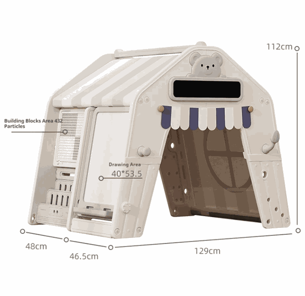 Beige kunststof speelhuis tent voor peuters en kleuters, 102x129x112 cm, met stoffen dak, werkblad, tekenbord en opbergvakken, geschikt voor binnen en buiten