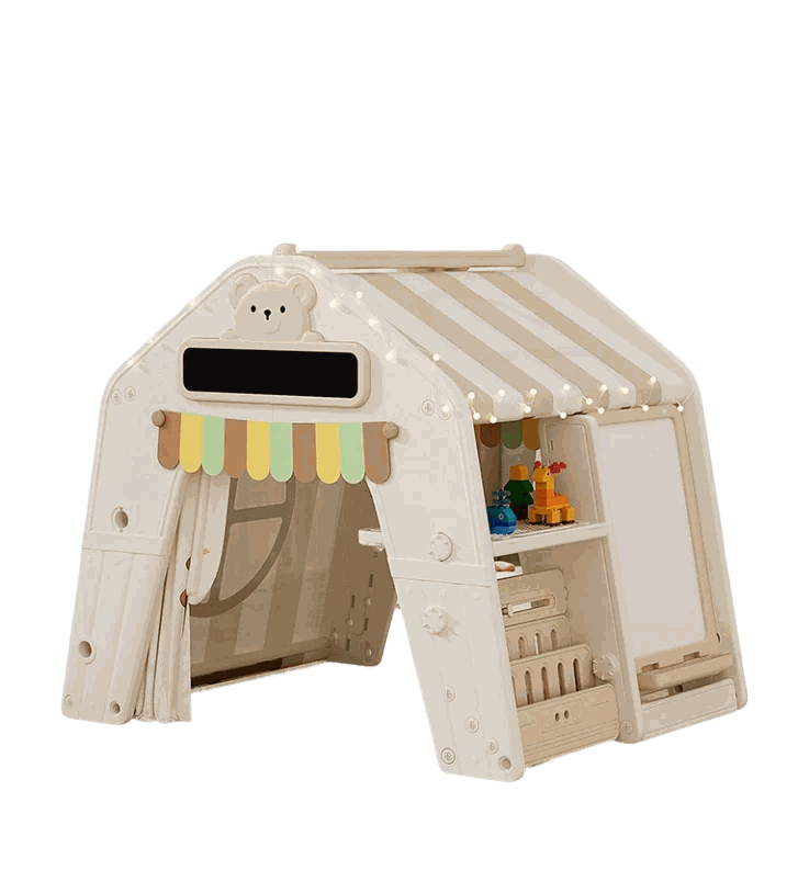 Beige kunststof speelhuis tent voor peuters en kleuters, duurzaam met stoffen dak, geschikt voor binnen en buiten gebruik