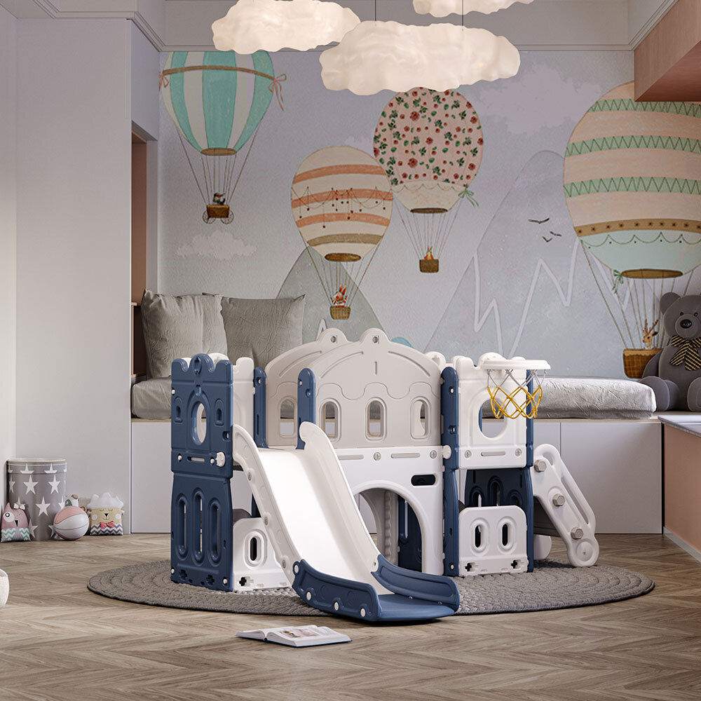 Speeltoestel Kasteel XL blauw kunststof peuter kleuter glijbaan basketbalring geschikt voor binnen en buiten
