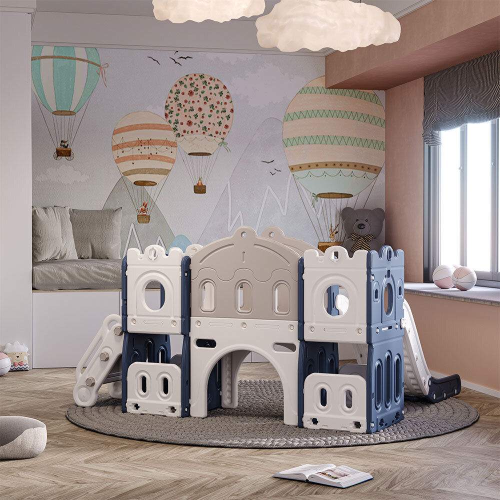 Speeltoestel Kasteel XL blauw met glijbaan en basketbalring voor binnen en buitengebruik, geschikt voor peuters en kleuters.