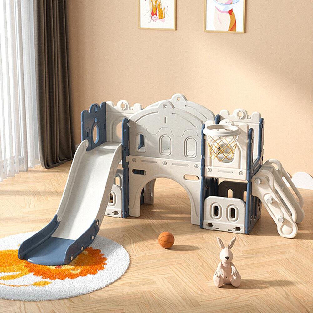 Speeltoestel Kasteel XL blauw kunststof met glijbaan, basketbalring en loopbrug voor peuters en kleuters binnen en buiten gebruik
