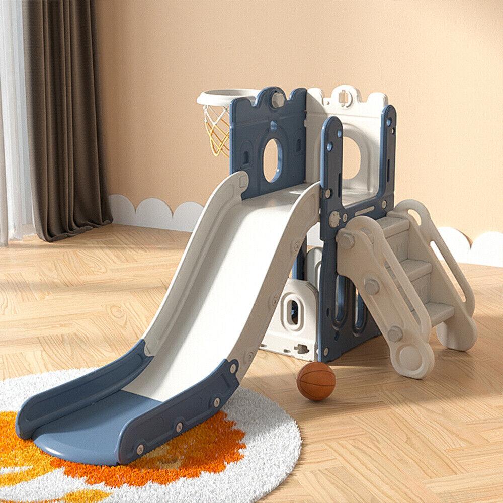 Blauw Speeltoestel Toren 3 in 1 met glijbaan en basketbalring voor peuters en kleuters binnen en buiten