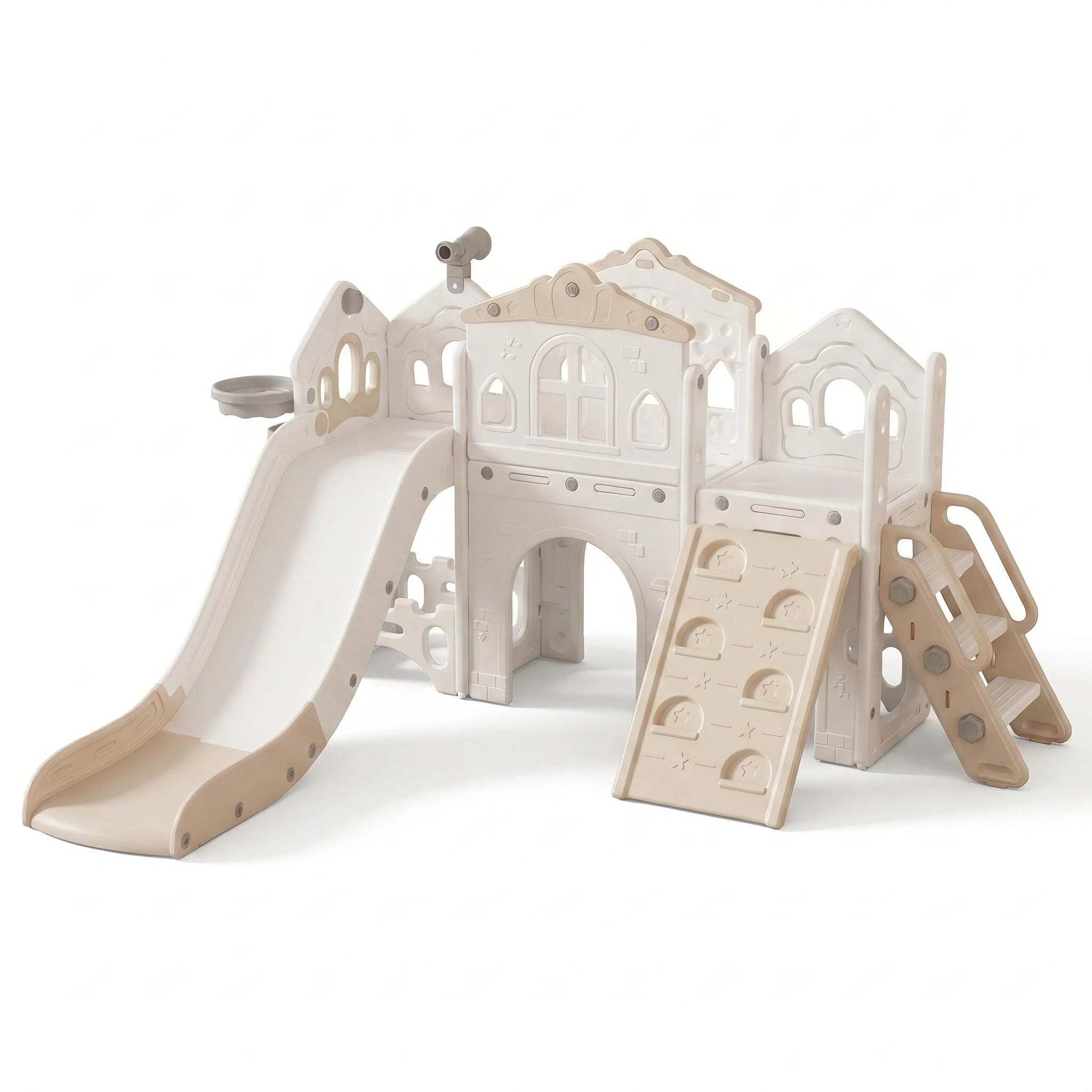 Beige Speeltoestel Toren Romance XL met glijbaan en klimwand voor kinderen