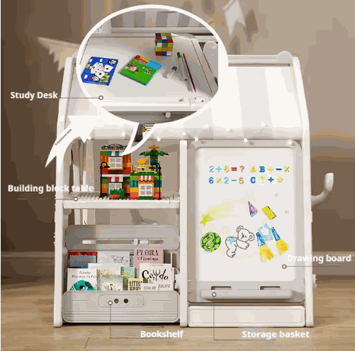 Beige kunststof speelhuis tent met stoffen dak, boekenplank, bouwbloktafel, studieblad, tekenbord en opbergvak voor peuters en kleuters, geschikt voor binnen en buiten.