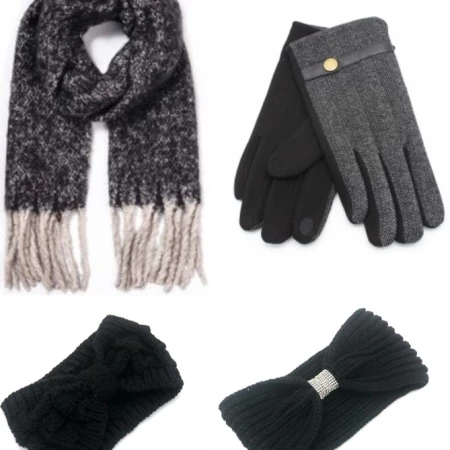 Winterset Dames Multi Grijs-Zwarte Sjaal fringes - Zwart-Grijze handschoenen - Gebreide Hoofdband Zwart Assorti