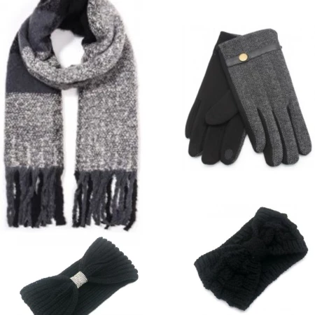 Winterset Dames Geblokt Grijs-Zwarte Sjaal - Zwart-Grijze handschoenen - Gebreide Hoofdband Zwart Assorti