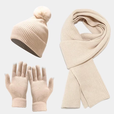 Gebreide Winterset Dames sjaal, muts, handschoenen - Offwhite/Beige