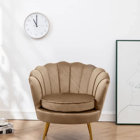 Luxe Velvet Chair Schelp Stoel - Warm Camel Bruin - Gouden poten