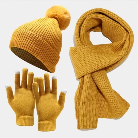 Gebreide Winterset Dames sjaal, muts, handschoenen - Okergeel
