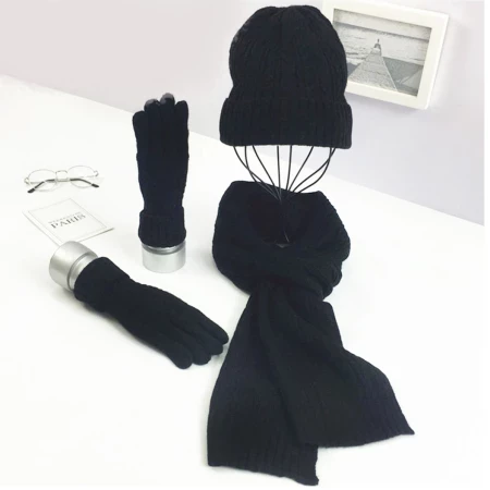 Gebreide Winterset Dames sjaal, muts, handschoenen - Zwart