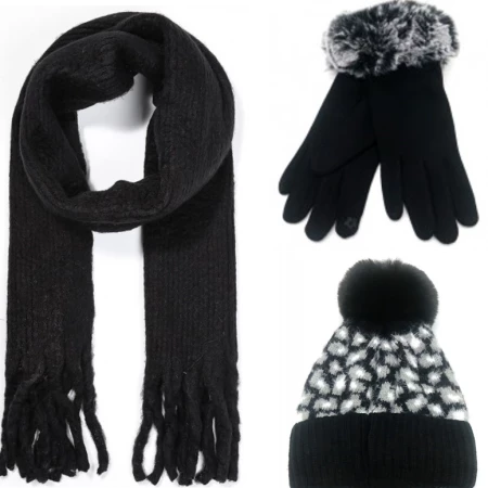 Winterset Dames Effen Zwarte Sjaal - Zwarte handschoenen met Grijs Nepbont - Muts met Grijs-Zwarte Luipaardprint