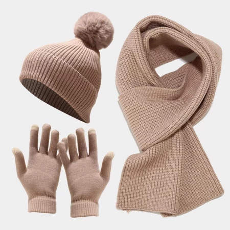 Gebreide Winterset Dames sjaal, muts, handschoenen - Oud Roze/Kaki