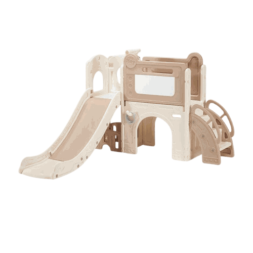 Speeltoestel Toren Luxe Rond Beige met glijbaan, basket en tekenbord voor kinderen