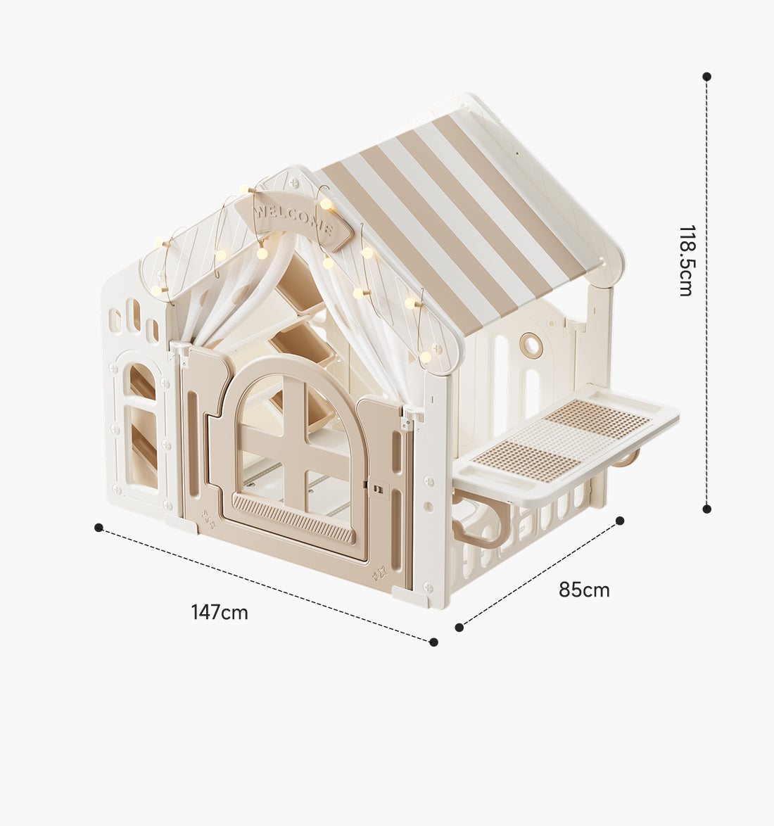 Beige kunststof speelhuisje voor kinderen met stoffen dak binnen en buiten