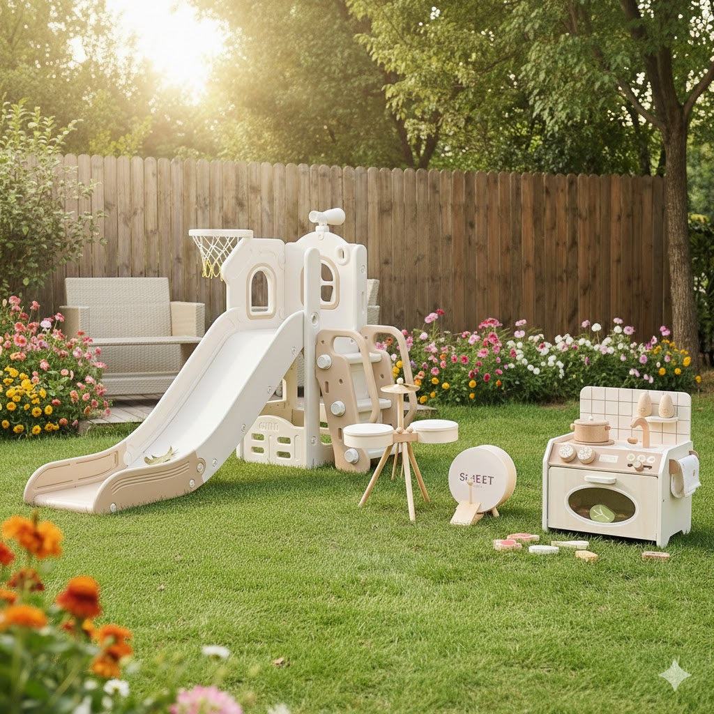 Beige speeltoestel Toren Cosy met glijbaan voor kinderen 1-5 jaar geschikt, veilig en compact