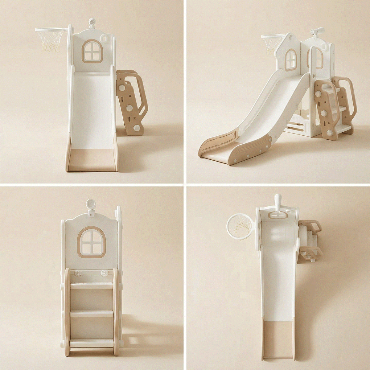 Beige speeltoestel toren cosy met glijbaan en basket voor kinderen, geschikt voor binnen en buitengebruik.