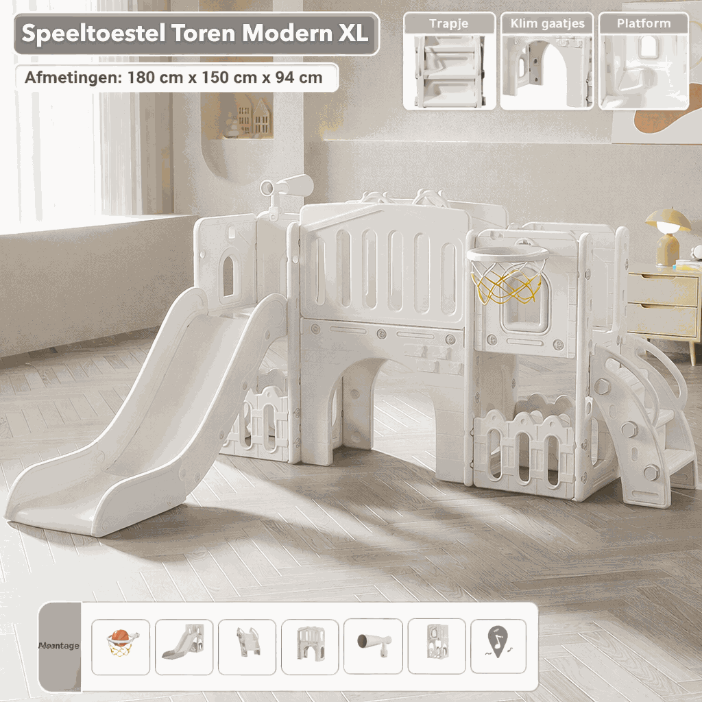 Speeltoestel Toren XL modern grijs met glijbaan en basket voor kinderen