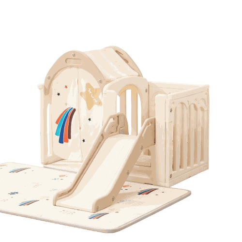 Beige speelhuisje voor kinderen met glijbaan en speelmat voor peuters en kleuters binnen en buiten