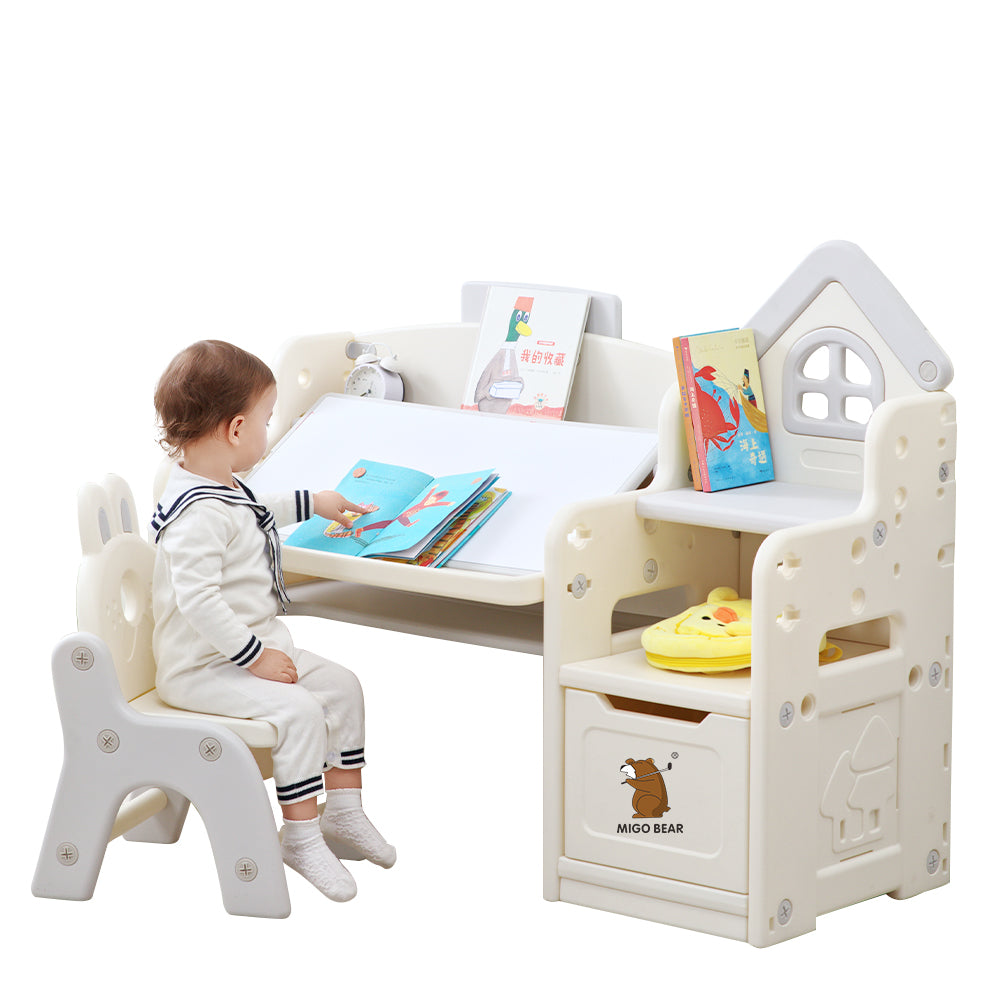 Kinderbureau met Stoel Grijs – Tekentafel & Speeltafel – Opbergruimte