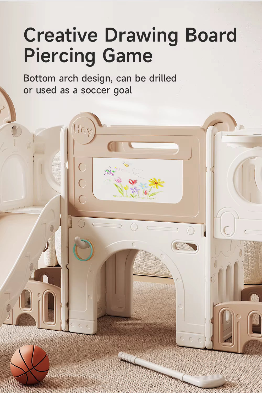 Beige Speeltoestel Toren Luxe met glijbaan, basket en tekenbord voor peuters en kleuters