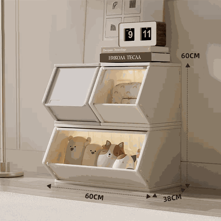 Opberg Combinatie Grijs M met 6 stapelbare bakken in grijs en wit voor speelgoed en boeken, duurzaam kunststof, compact en stijlvol.