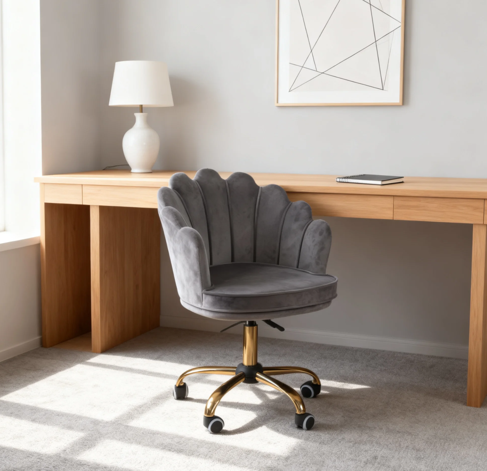 Velvet Schelp Bureaustoel Grijs met Goudkleurig onderstel
