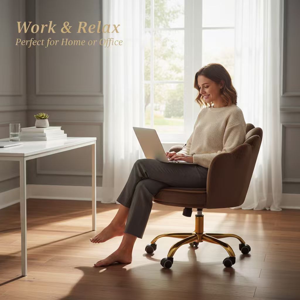 Velvet Schelp Bureaustoel Donkerbruin met Goudkleurig onderstel