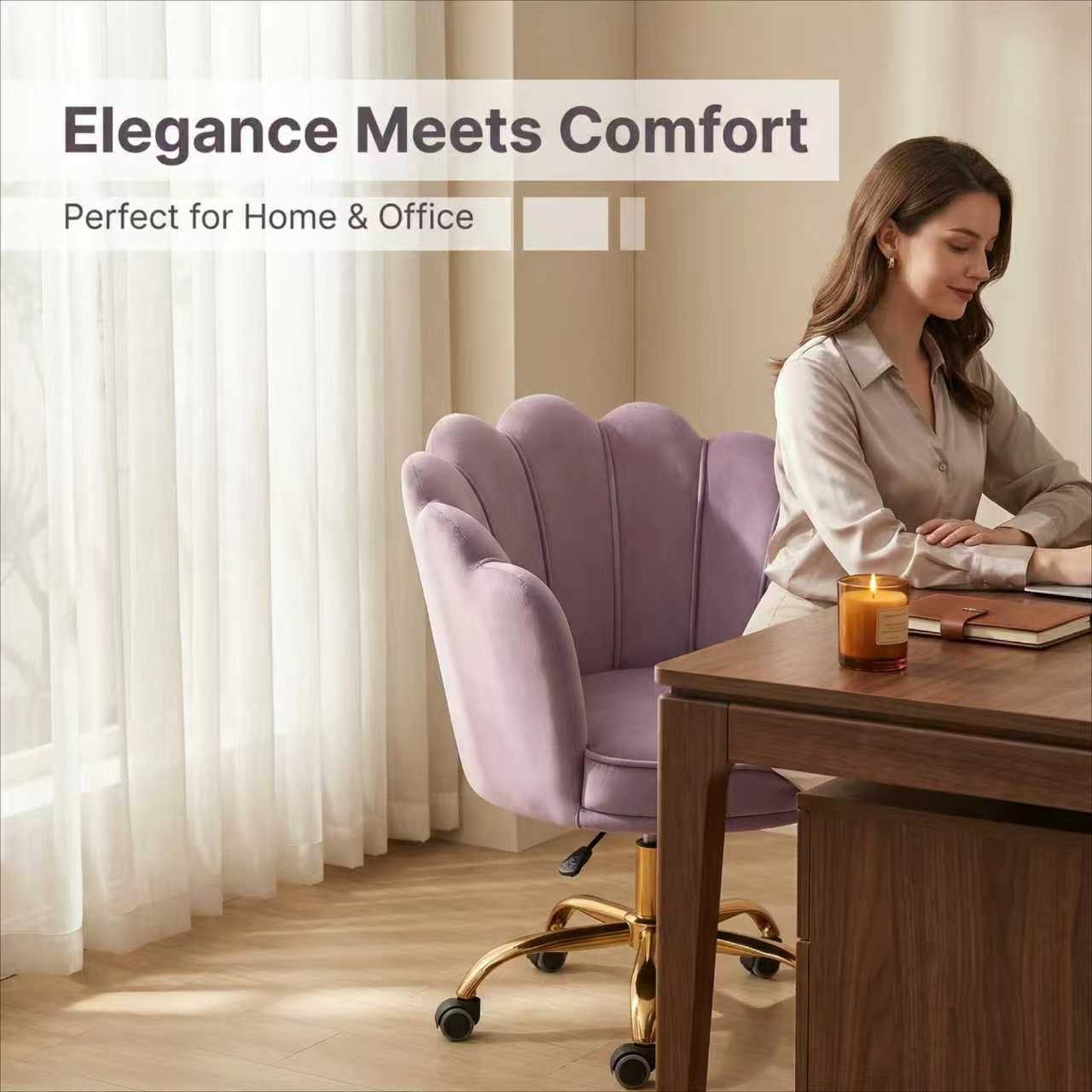 Velvet Schelp Bureaustoel Paars met Goudkleurig onderstel