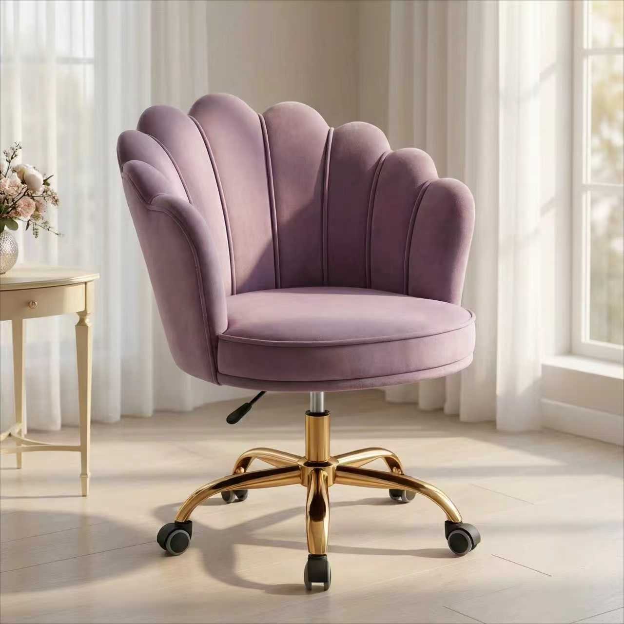 Velvet Schelp Bureaustoel Paars met Goudkleurig onderstel