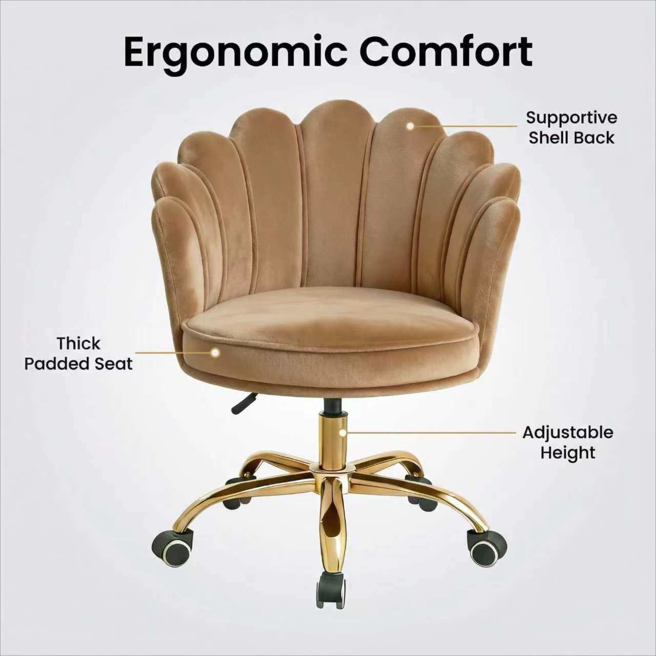 Velvet Schelp Bureaustoel Lichtbruin met Goudkleurig onderstel