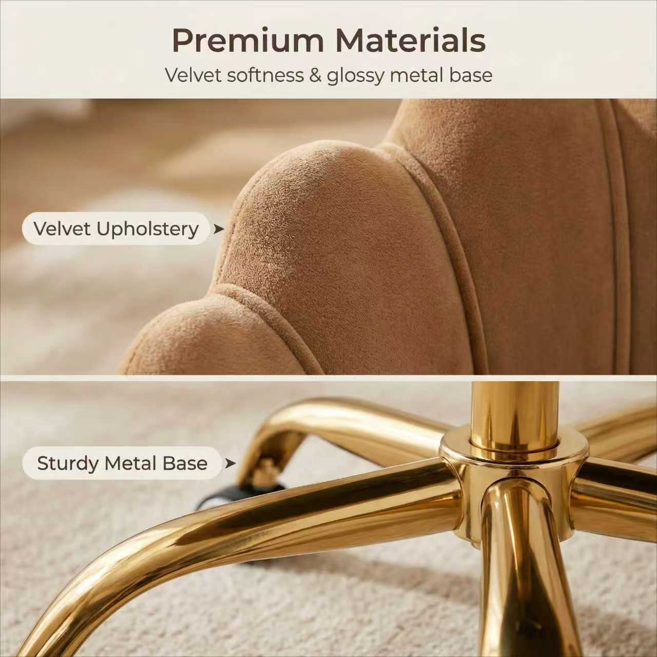 Velvet Schelp Bureaustoel Lichtbruin met Goudkleurig onderstel