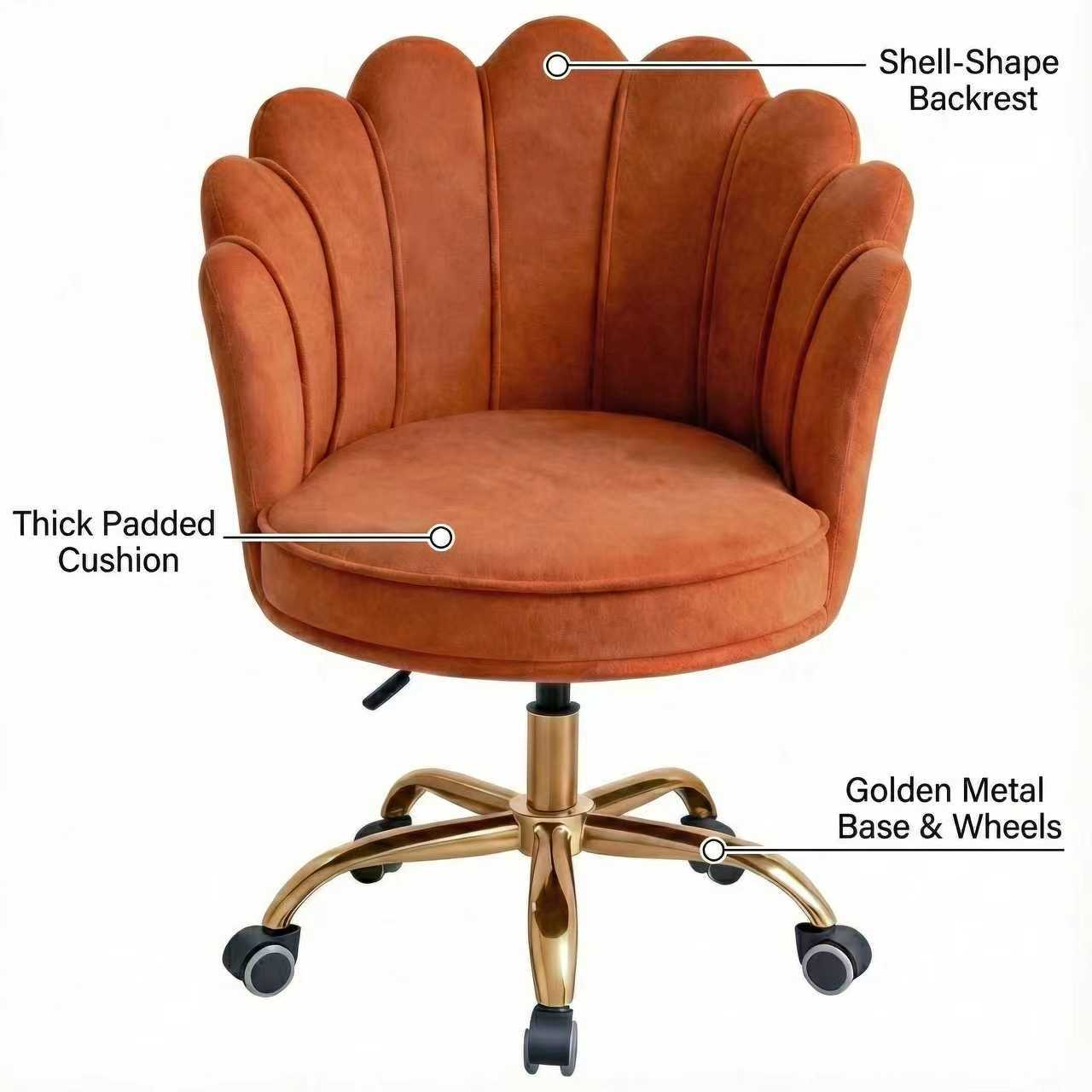 Velvet Schelp Bureaustoel Oranje/Roest met Goudkleurig onderstel