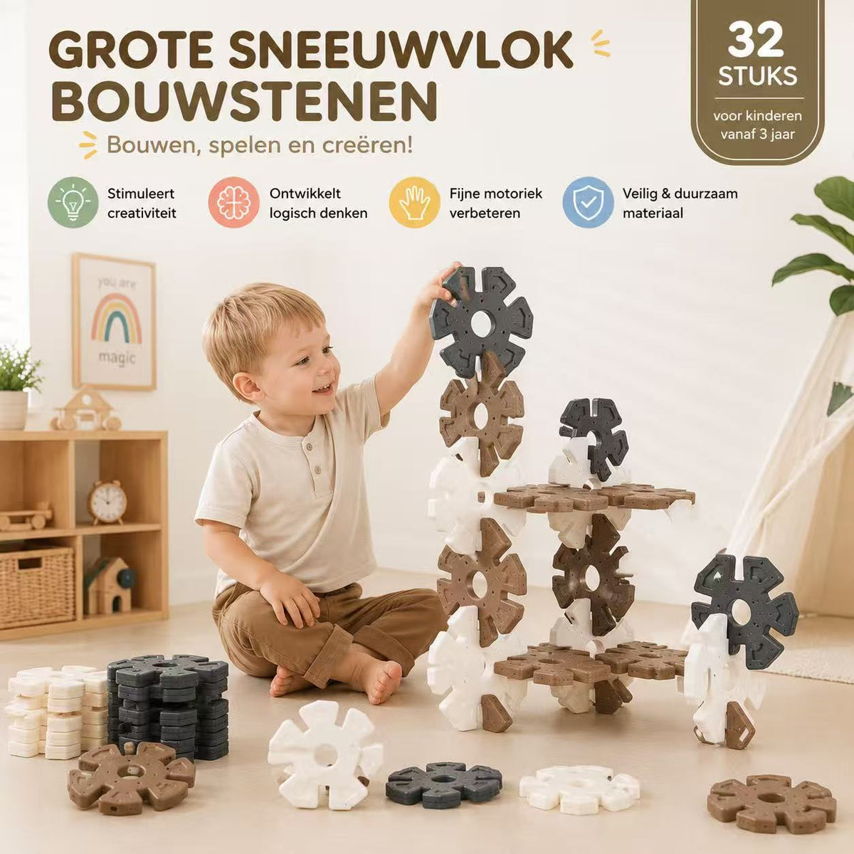 Groot Constructiespeelgoed Snowflake - Beige/Bruin - 30 stuks | Russle