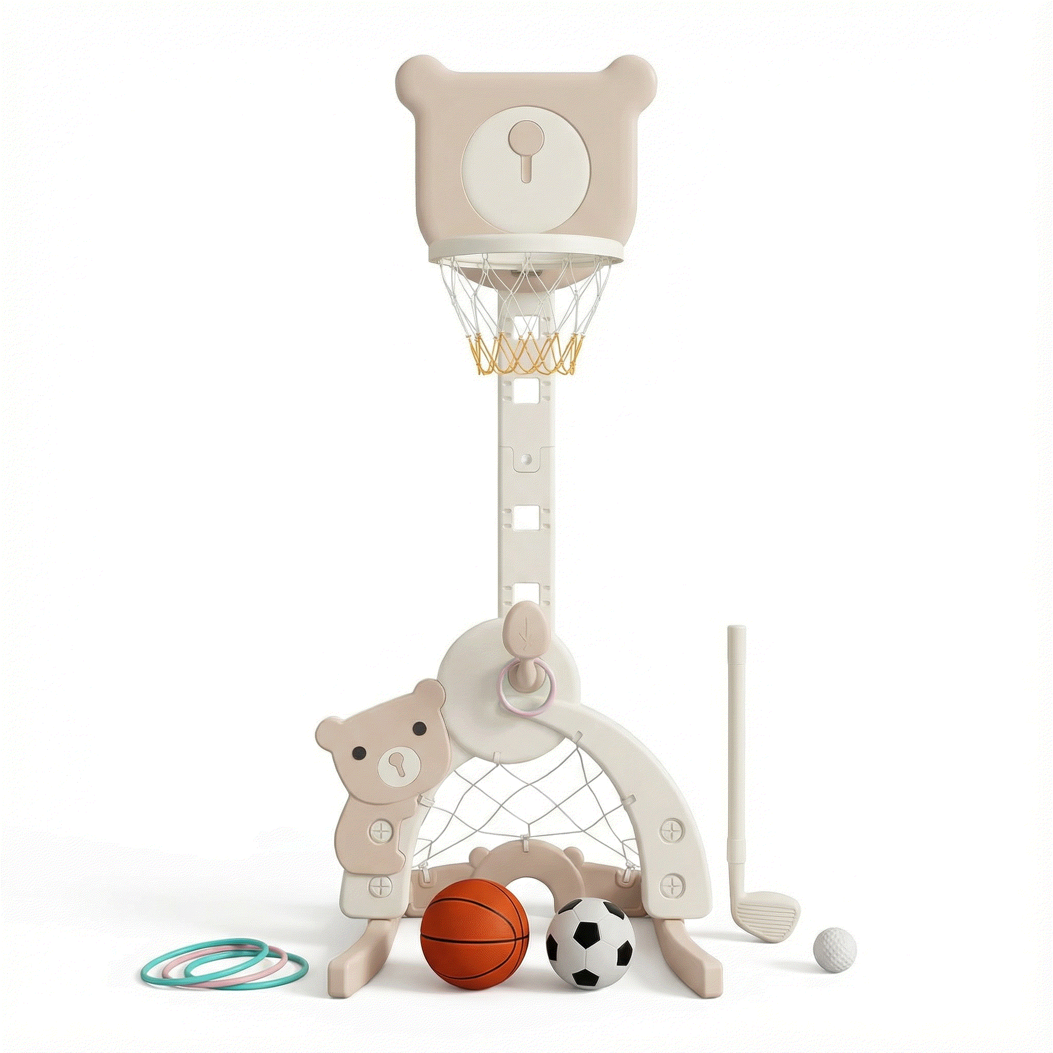 Beige Basketbalstandaard 3 in 1 met voetbaldoel en golfset voor kinderen, vormgegeven als een beer