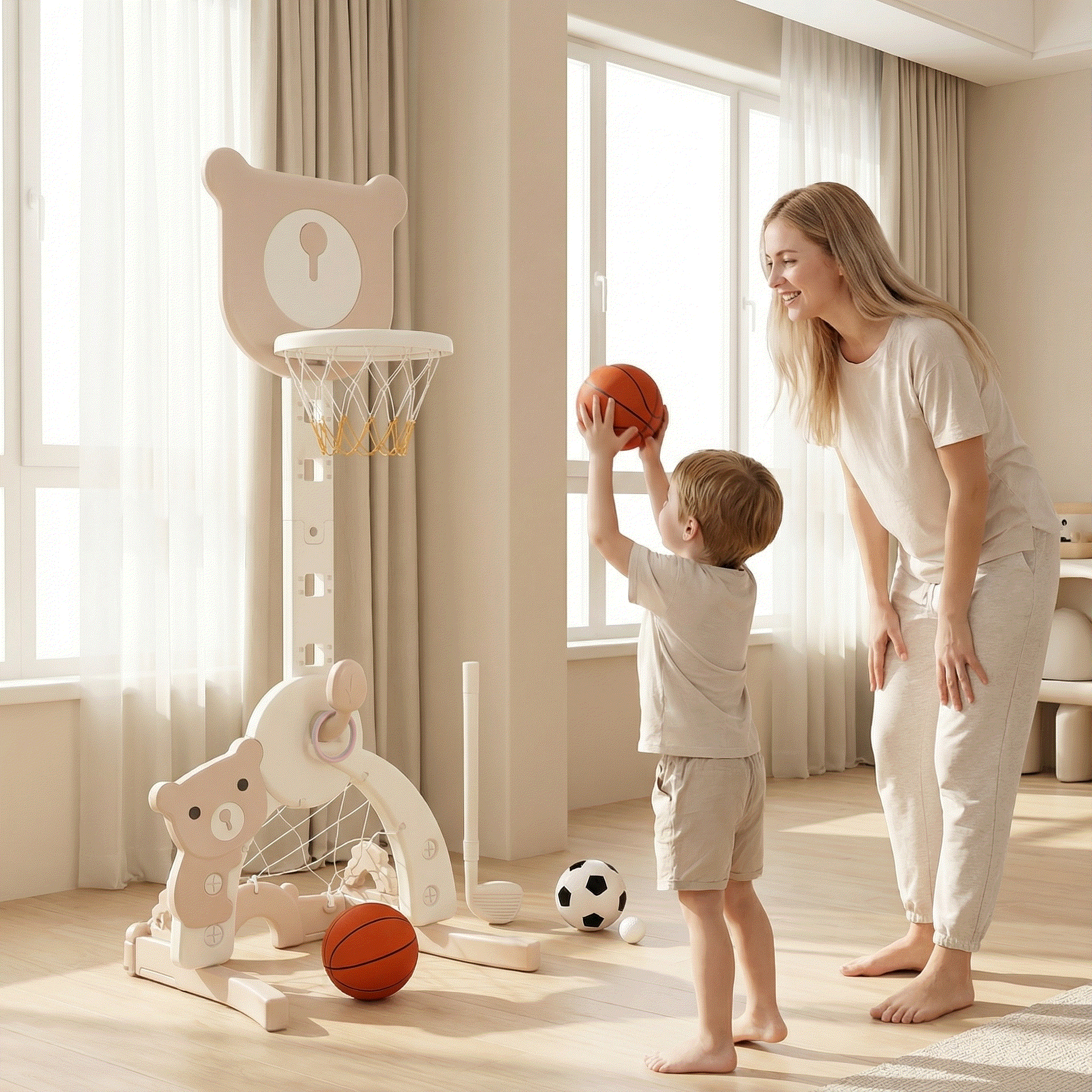 Beige Basketbalstandaard 3 in 1 met voetbaldoel en golfset in de vorm van een beer voor kinderen
